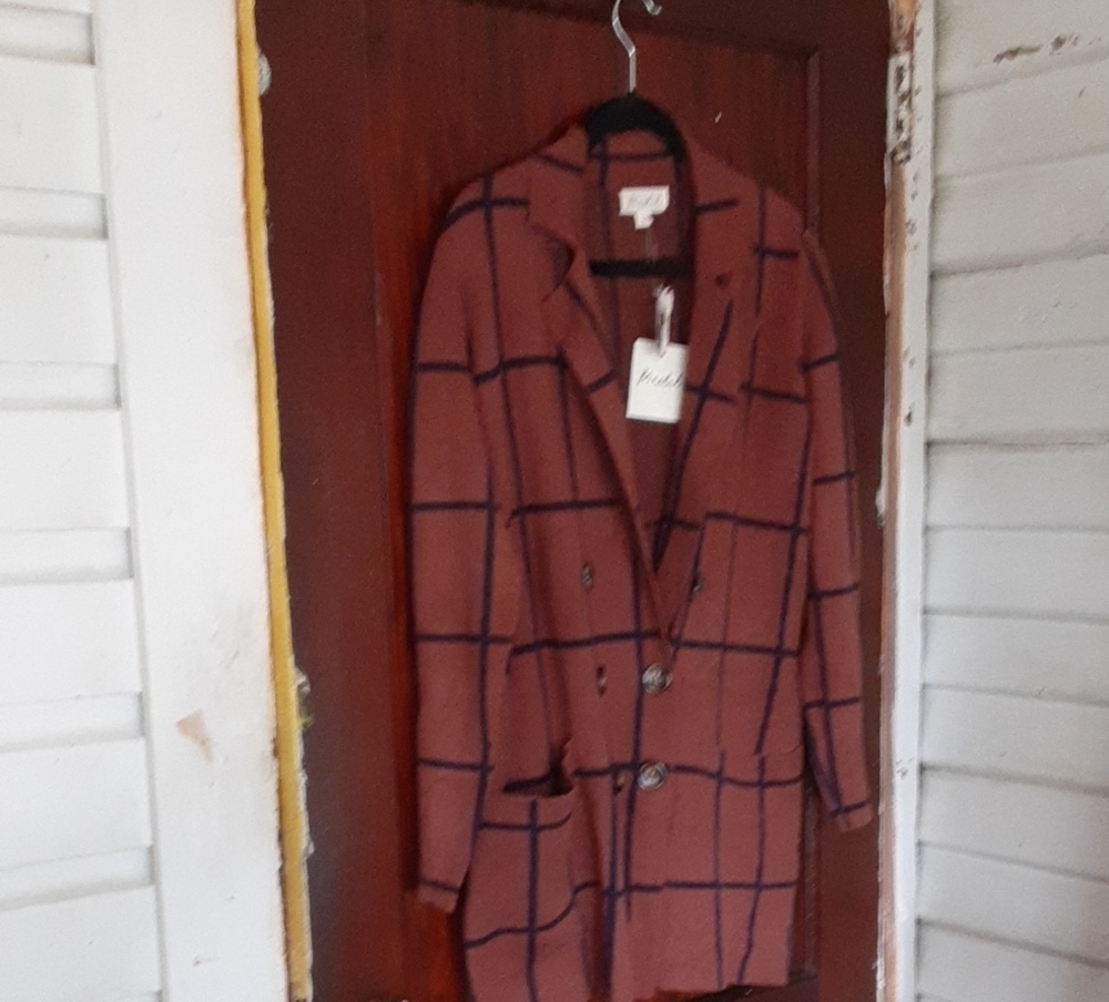 Marled Windowpane Double-Breasted Blazer in Rust and Navy